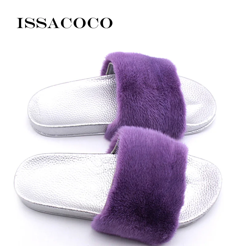 Purple ISSACOCO/женские тапочки на плоской подошве с натуральным мехом норки; женские нескользящие тапочки из натурального меха норки; домашние шлепанцы Zapatillas Pantufa - Цвет: Purple