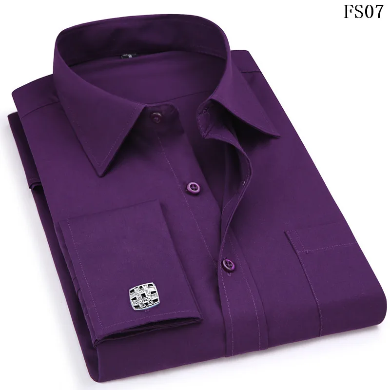 FS07 Purple Классические черные французские запонки, мужская деловая одежда, рубашка с длинным рукавом, мужская рубашка с отворотом, мужская повседневная рубашка 4XL 5XL 6XL - Цвет: FS07 Purple