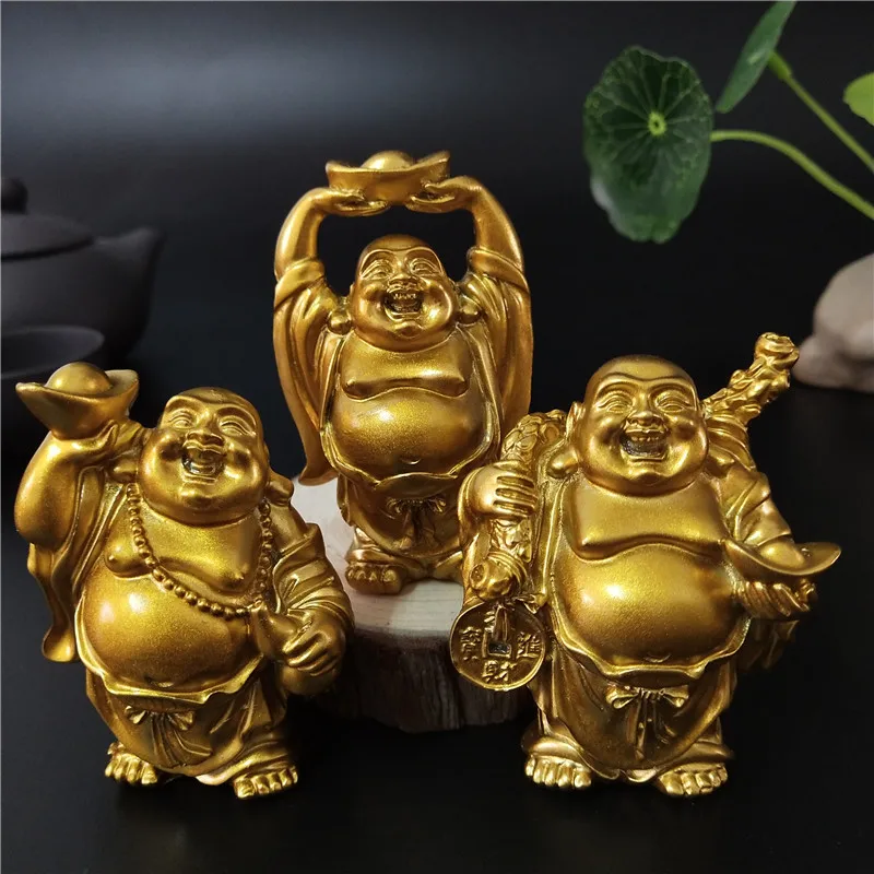 Золотая смеющаяся скульптура Будды Maitreya украшение статуя для сада и дома
