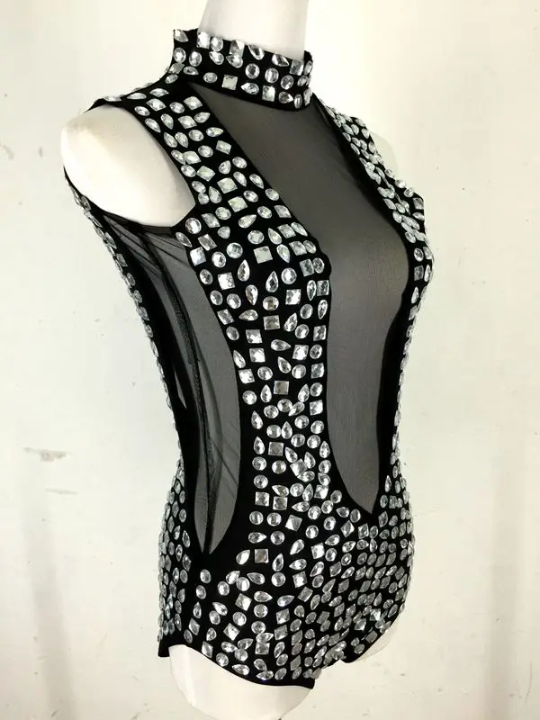 Черная кожа и красные стразы боди Женский певец DS танец сценический костюм