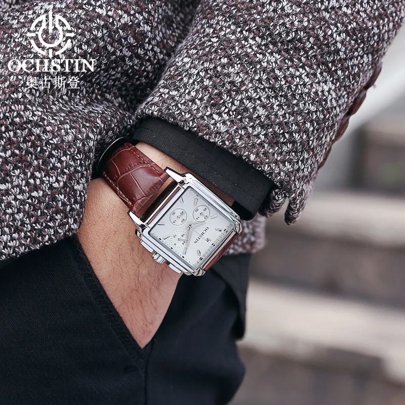 Роскошные брендовые OCHSTIN 2017 военные часы Мужские кварцевые аналоговые с кожаным