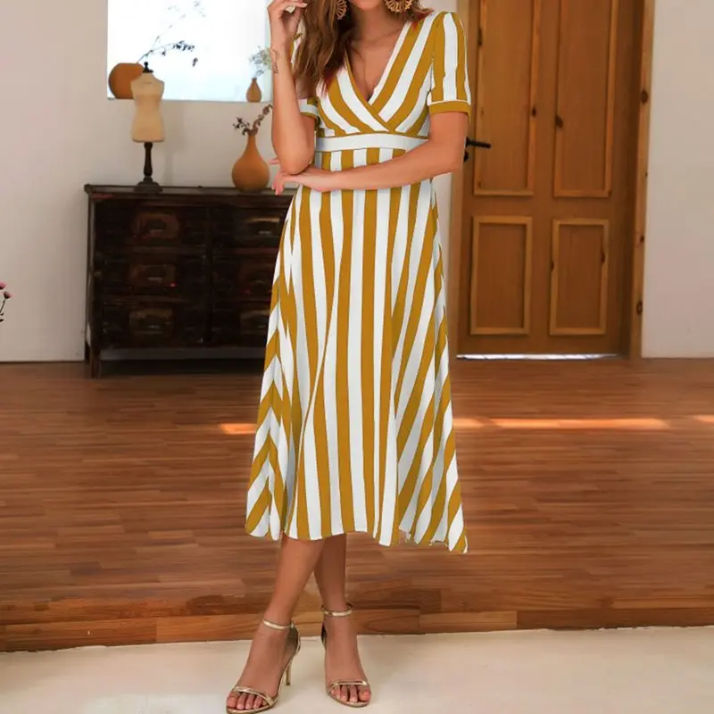 Boho Полосатое элегантное винтажное платье средней длины женское желтое с высокой
