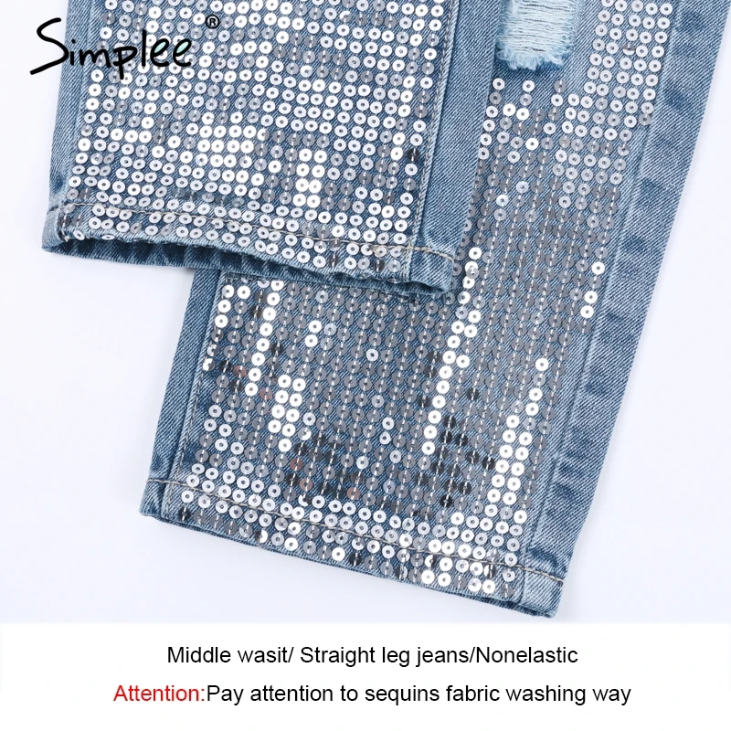 

Simplee Sequin hole blue jeans women bottom Streetwear zipper fringe ripped jeans pants 2019 Spring trousers loose female denim