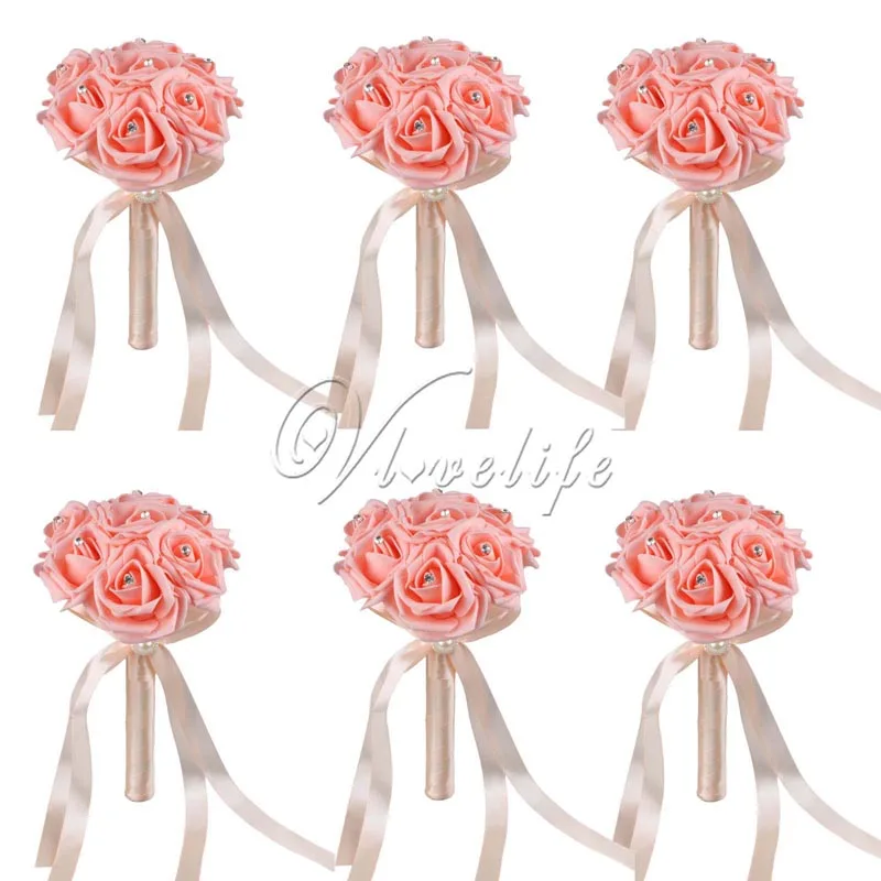 6 шт. Свадебный букет невесты Искусственные цветы розы из пены с шелковыми