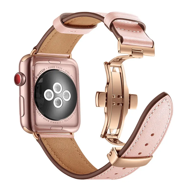 Ремешок из натуральной кожи для Apple Watch 3/2/1 42 мм 38 мм Iwatch Series 3 2 1 ремешок из нержавеющей стали бабочка Пряжка наручные часы