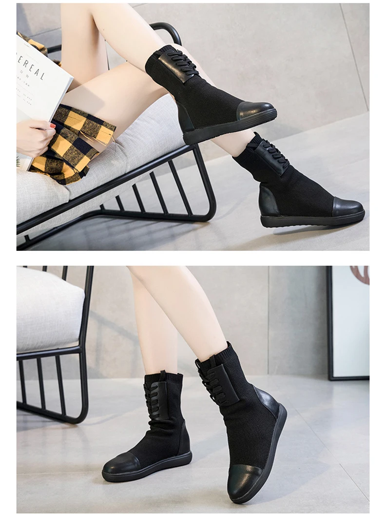 Women's Boots Autumn Winter Genuine Leather Mid-Calf Boots For Woman Winter Shoes Ladies Black Flat Boot Autumn Casual Shoe