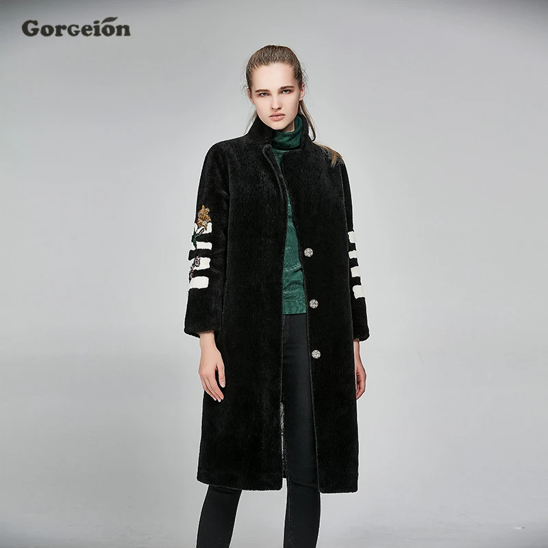 Gorgeion Мех животных зимнее пальто стекаются зима девять четверти рукав Вышивка