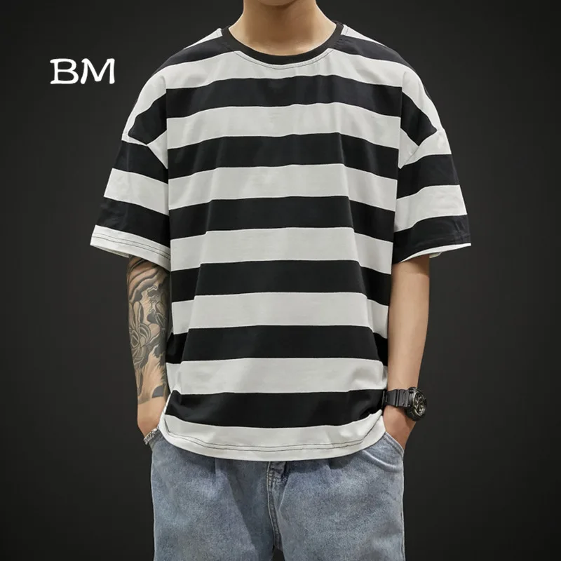 Футболка мужская оверсайз в стиле хип-хоп уличная одежда полоску с коротким