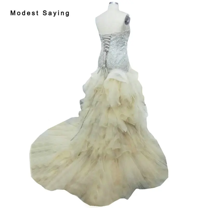 

Luxury Champagne and Grey Mermaid Beaded Wedding Dresses 2018 with Ruffled Skirt Formal Long Lace Bridal Gowns vestido de noiva