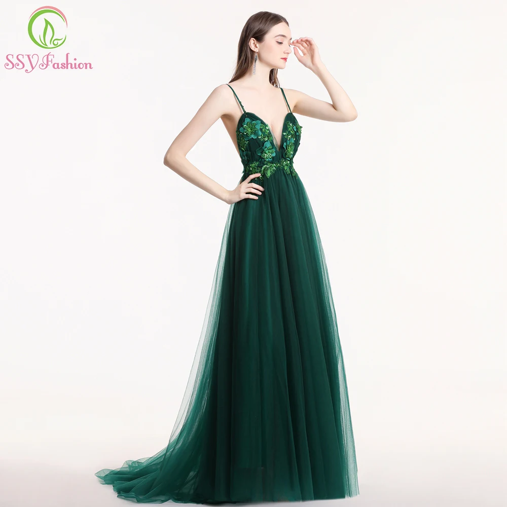 SSYFashion, новинка, сексуальное розовое вечернее платье с v-образным вырезом, без рукавов, Цветочная аппликация, шлейф, без спинки, вечерние платья для выпускного вечера, Robe De Soiree