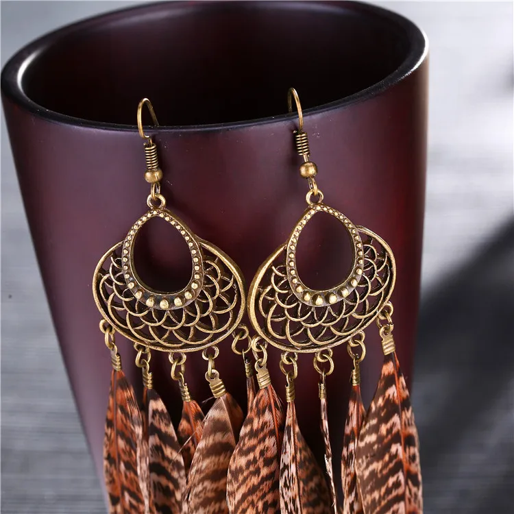 QIANKE bohemian big feather drop earrings for women boho long ethnic Leopard Print dangle fashion jewelry wholesale | Украшения и