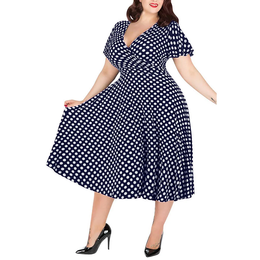 Женское летнее платье с V-образным вырезом коротким рукавом и принтом в горошек |