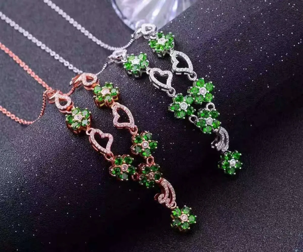 

Natural green diopside Necklace natural gemstone Pendant Necklace S925 silver trendy luxurious Flowers Heart women party Jewelry