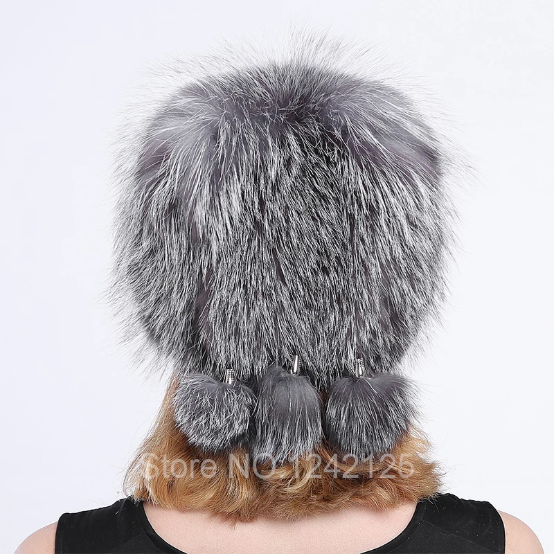 Новые зимние теплые женские Настоящее Silver fox меховой вязанная теплая шапка