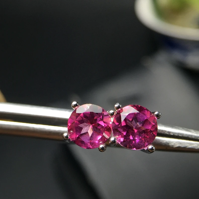 Простой стиль розовый топаз булавка для ушей 925 серебро маленькая милая
