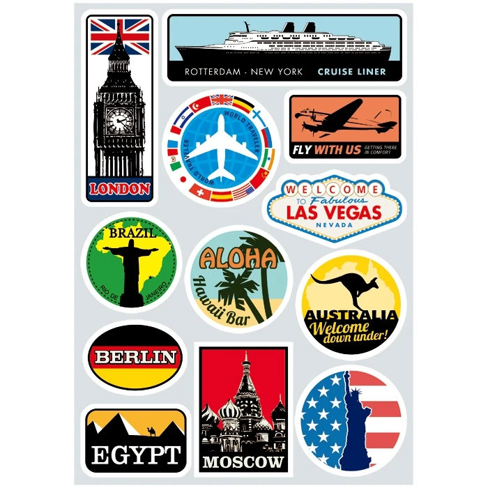 

12x Sticker Vintage Travel Famous Scenery A4 Size Phone iPad Tablet Laptop Luggage Skateboard Bike Motorcycle Car Styling Decal