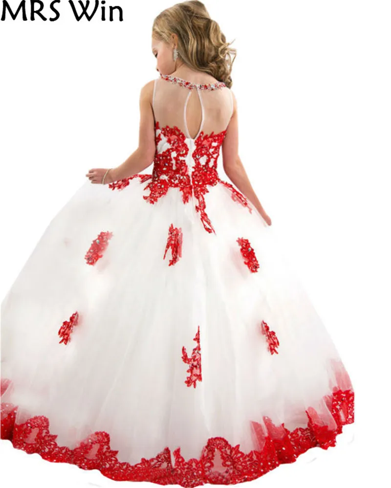 Кружевное бальное платье для маленьких девочек пышное белого и красного цвета