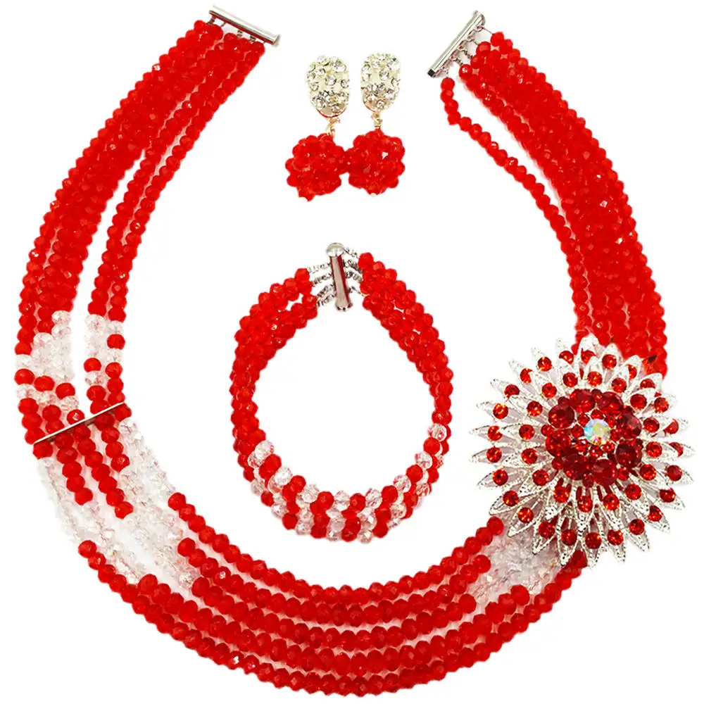 Модное красное прозрачное AB многожильное нигерийское свадебное ожерелье костюм
