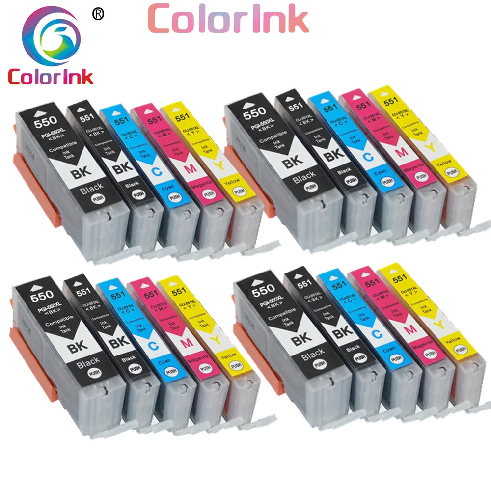 Картриджи с чернилами ColorInk 20Pk PGI-550 PGI 550 CLI-551 XL для принтера Canon PIXMA IP7250 MG5450 MX925 MG5550 6450 5650.