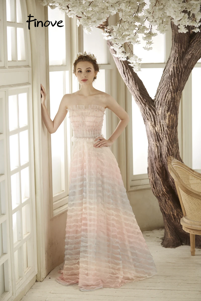 Finove вечернее платье длинное Новое поступление vestido de fiesta Gradation цвет с бисером Иллюзия Тюль женские платья плюс размер