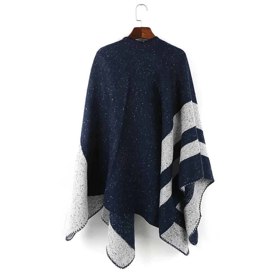 Плотное теплое пончо темно синего цвета зимний этнический шарф шаль