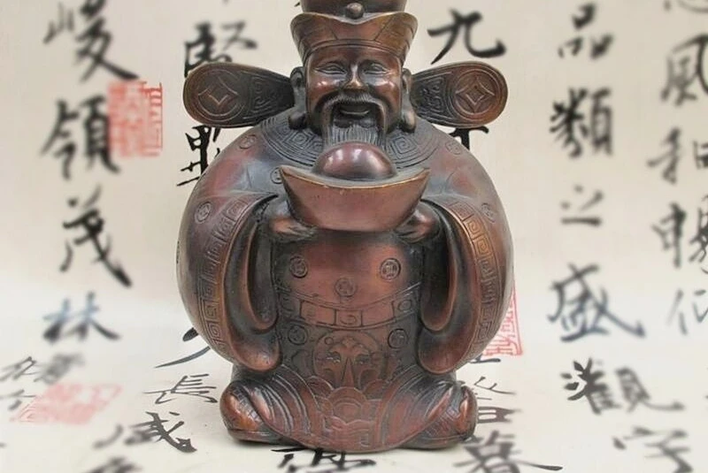 

China Folk Bronze Auspicious Yuanbao Money God of Wealth Mammon Buddha Statue