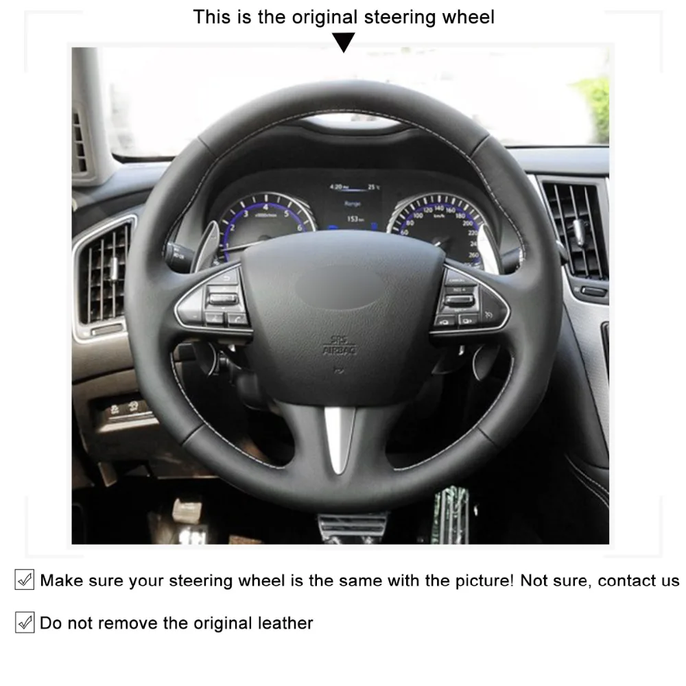 MEWANT Black Genuine Leather Hand Sew Car Steering Wheel Cover for Infiniti Q50 QX50