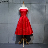 janevini red lace appliqued mother of the bride dresses for weddings tea length satin womens party gowns 2020 bestidos de fiesta
