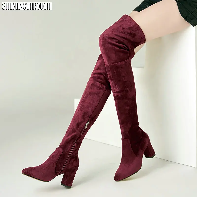 Женские сапоги выше колена на высоком каблуке с острым носком молнии размеры 34