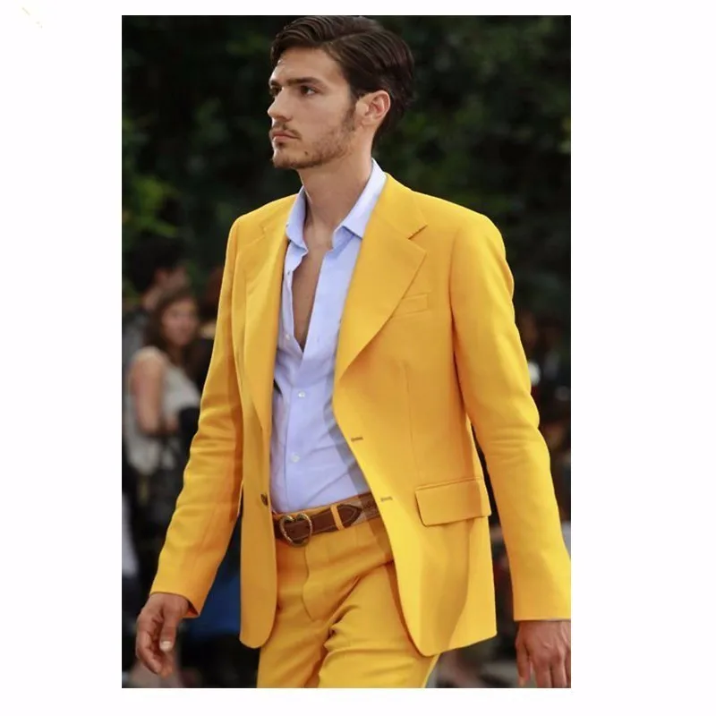2019 Yellow Men's Slim Fit Business Suits Notch Lapel Men Tailor Made Wedding Tuxedo Suits Men Fashion Suits (Jacket+Pants)
