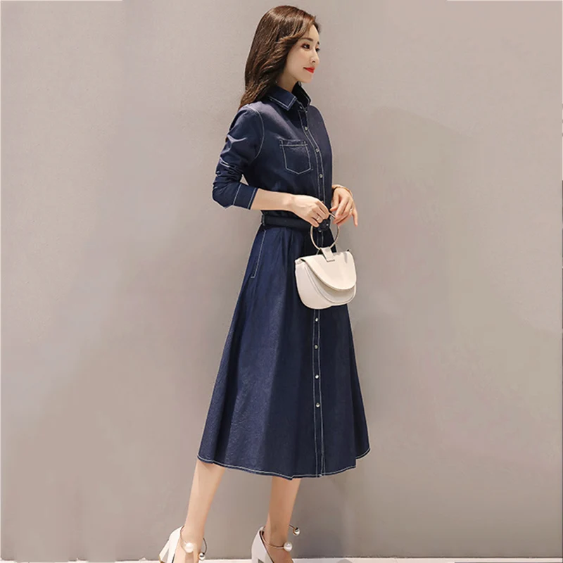 2018 Новое весеннее женское джинсовое платье осеннее винтажное модное тонкое