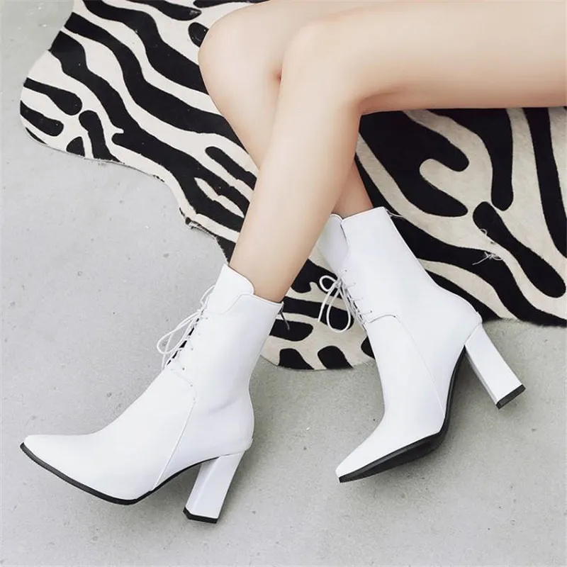 Brand Designers 2018 Winter Patent Women Shoes Black High Heels Riding Boots Lacing Platform Ankle Chunky Large Size 32-43 | Обувь