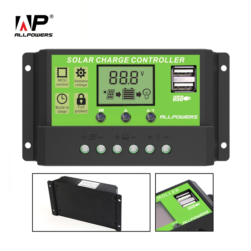 ALLPOWERS 20A 12 В 24 в Солнечный контроллер заряда с ЖК дисплеем Dual USB 5 выход Солнечная