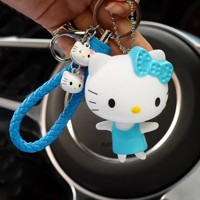 Милый мультяшный брелок hello kitty из кроличьего меха с помпонами, помпонами, брелок для женщин с кожаным ремешком, металлическое кольцо для ключей, цепочка для автомобильных сумок, брелок D35A - Цвет: 6