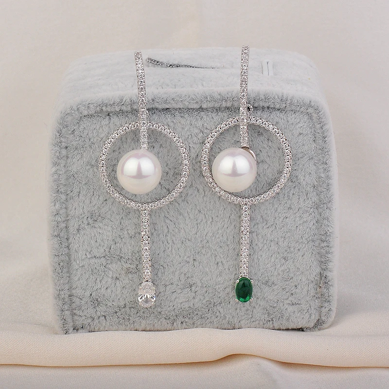 Круглые серебряные украшения синий камень жемчуг кубический цирконий модные