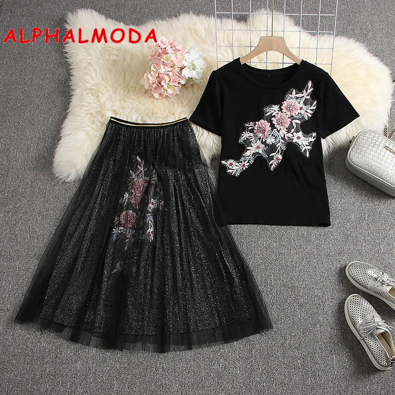 ALPHALMODA, летние футболки с 3D цветочной аппликацией+ юбки трапециевидной формы с цветочным рисунком, 2 шт., модный костюм, женский милый комплект с тяжелой юбкой
