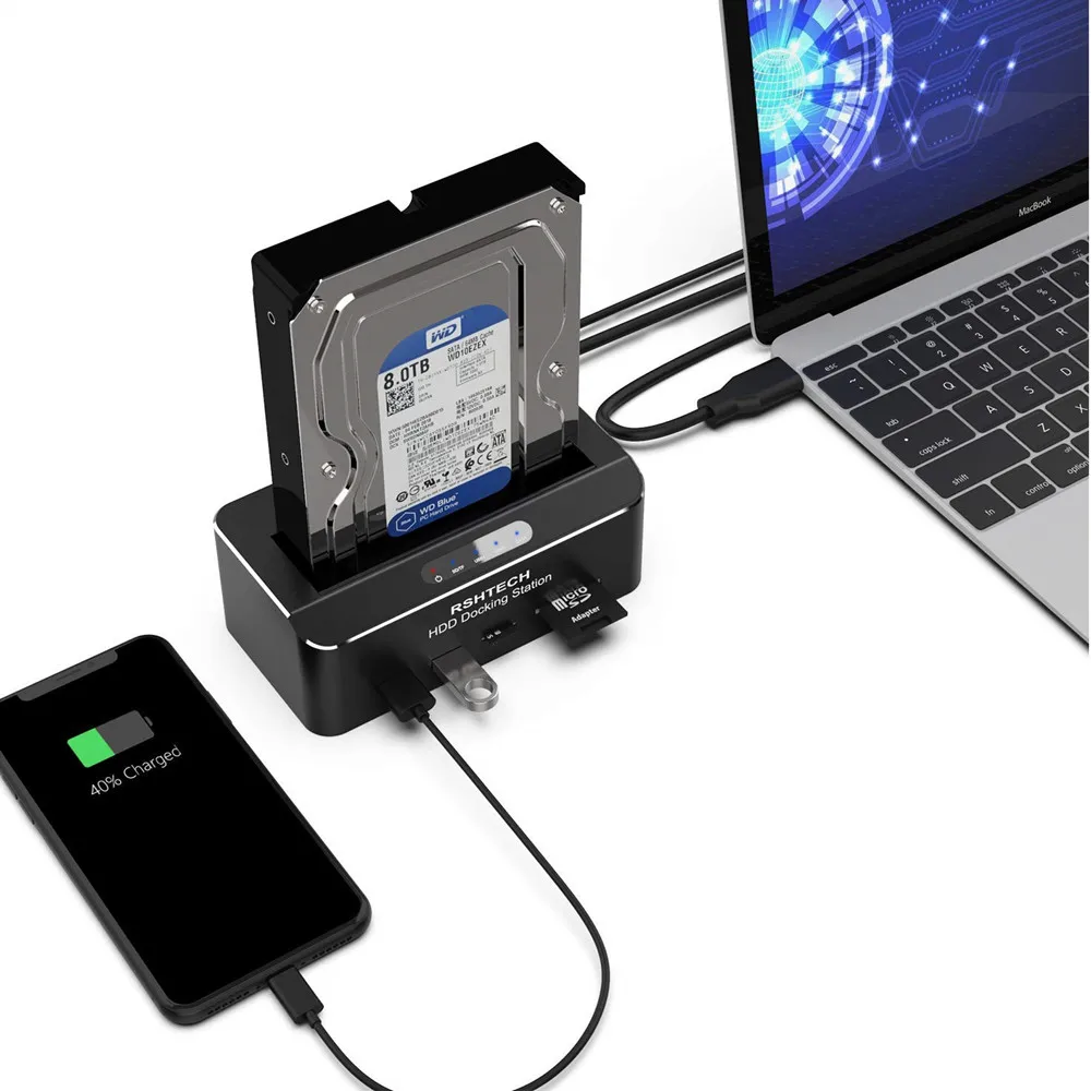 

Tool Free USB 3.0 to SATA External Hard Drive Docking Station with 2-Port Hub and Card Reader for 2.5/3.5 Inch HDD SSD SATA III