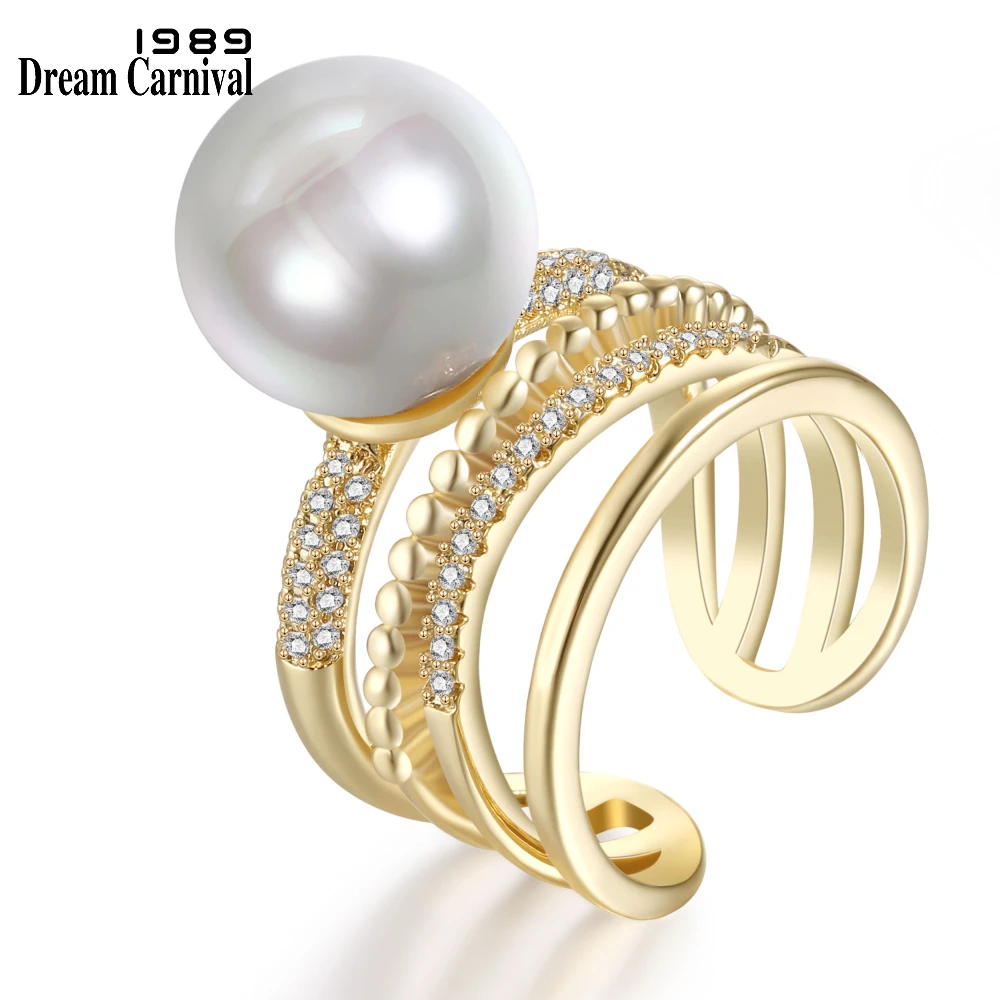 

DreamCarnival 1989 Amazing White Synthetic Pearl AAA Cubic Zirconia Open End Party Gold-color Rings Women Anillos Mujer WA11497