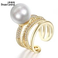 dreamcarnival 1989 amazing white synthetic pearl aaa cubic zirconia open end party gold color rings women anillos mujer wa11497