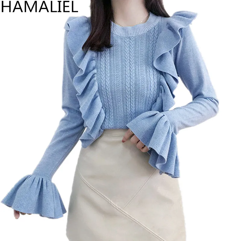 HAMALIEL Fashion Sweet Autumn Women Knitting Pullovers Korean Sky Blue Ruffles Crochet Knitted Long Flare Sleeve Sweater Jumper | Женская