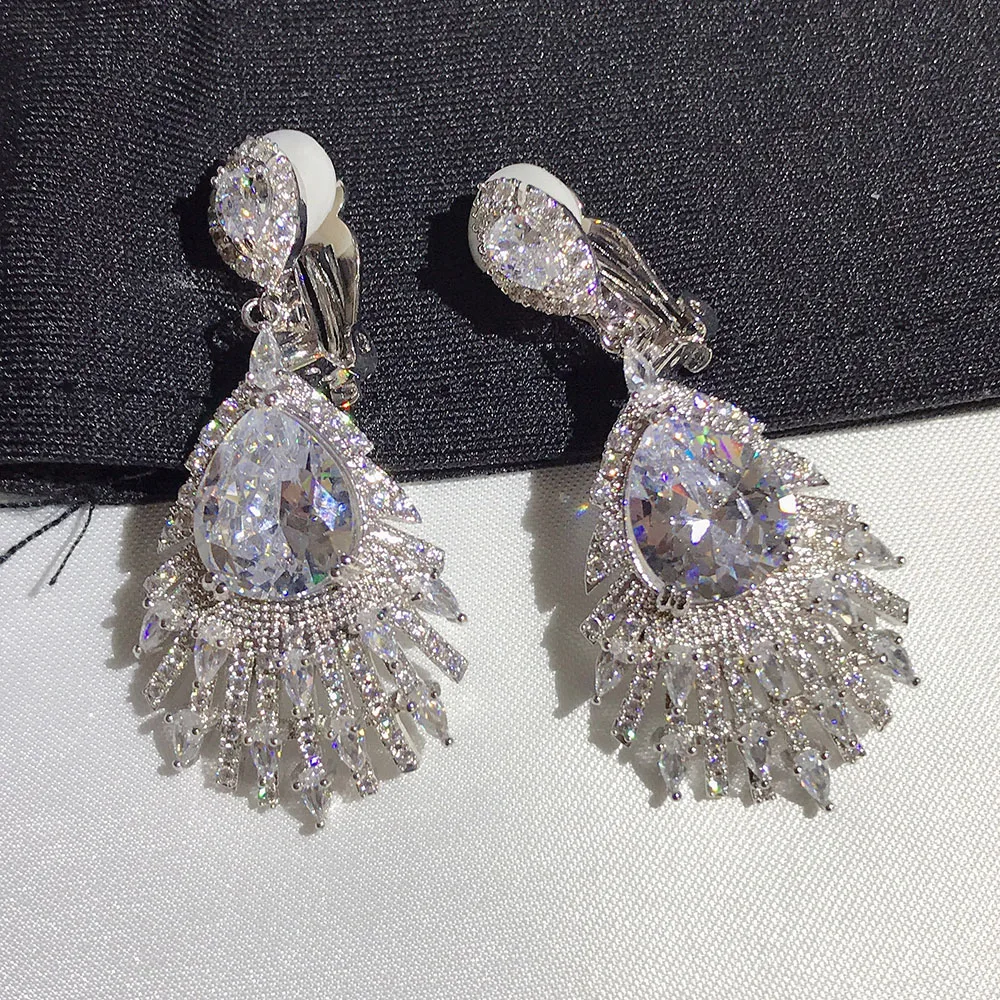 Новые большие серьги-клипсы в форме капли воды с кубическим цирконием без