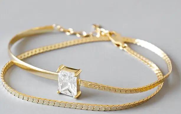 gold Шанис S925 стерлингового серебра простой привлекающие взгляд узкие туфли с квадратным cz Кристалл двойной слой браслеты для женщин, цепочка, ювелирные изделия studen - Окраска металла: gold