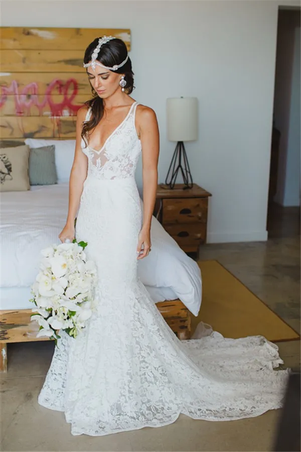 Deep V-Neck Boho Beach Wedding Dresses Mermaid Lace Summer Dress Bohemian Open Back Bridal Gowns | Свадьбы и торжества
