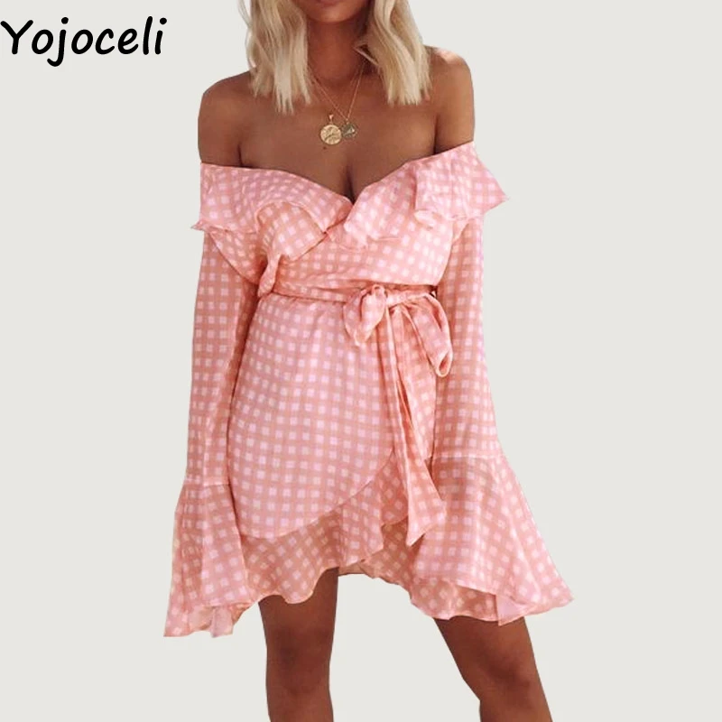 Женская блузка в горошек Yojoceli Весенняя с рюшами и открытыми плечами клетку