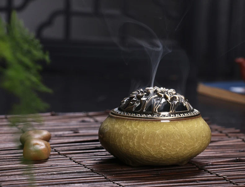 Кракелюрная глазурь керамическая база для благовоний винтажная курильница Благовонная Палочка держатель для благовоний курильница катушечная печь с крышкой из медного сплава