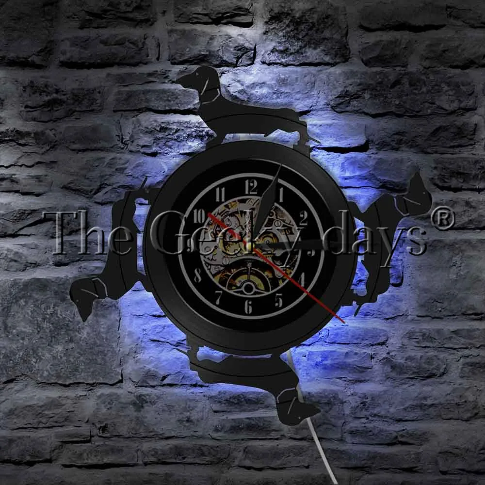  Lovely Long Haired Dachshund LED Hanging Light Dachshund Wiener Dog Vinyl Record Wall Clock Wall Watch Decorative Light