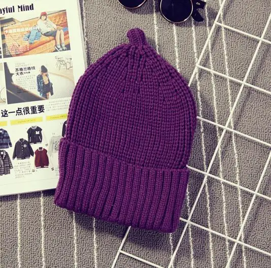 dark purple Новая осенне-зимняя вязаная шапка для женщин и мужчин Skullies Beanie, шапки, одноцветные, острый верх, лук версия, вязаные шапки - Цвет: dark purple