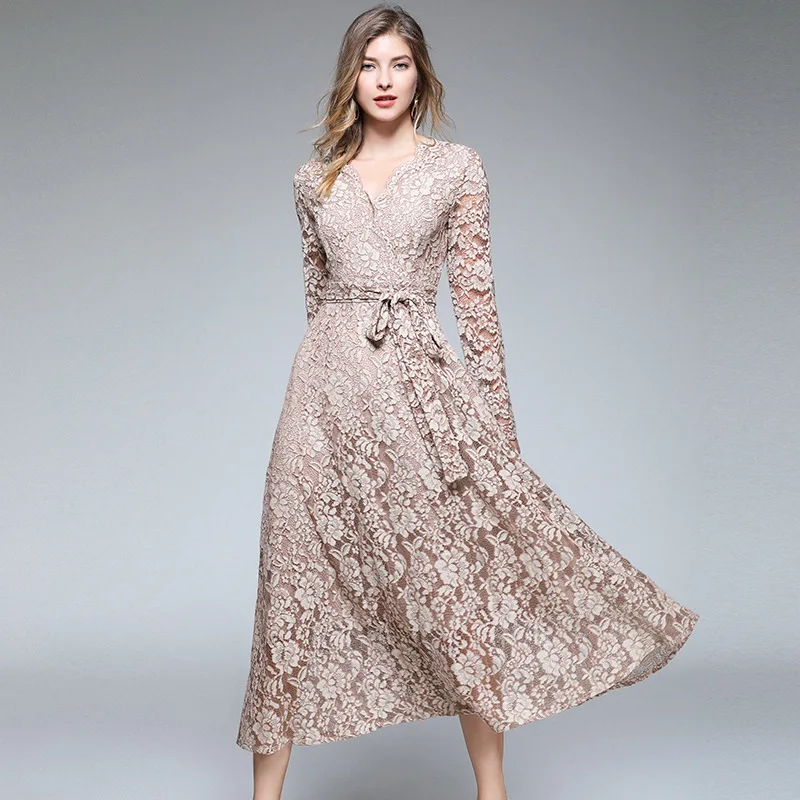 

2019 New Women's Long-sleeve Spring Autumn Hollow Out Bodycon Dress Elegant Skinny Floral Pattern Lace Dresses Vestido