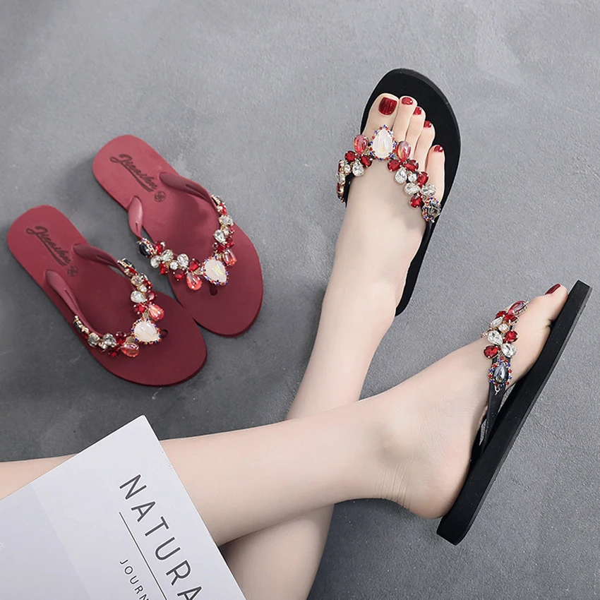 

2019 Fashion Women Slippers Crystal Flip Flops Flat Shoes Summer Black/Red Female Shoes Casual Lady Shoes Woman Footwear