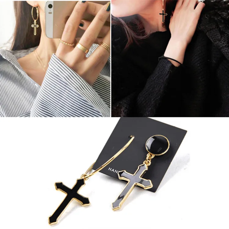 Винтажные черные Асимметричные женские серьги подвески в форме Креста Подвесные